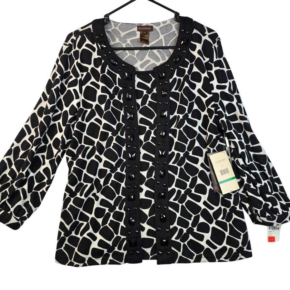 Multiples Large Giraffe Print Beaded Cardigan Black White Long Sleeve Deadstock